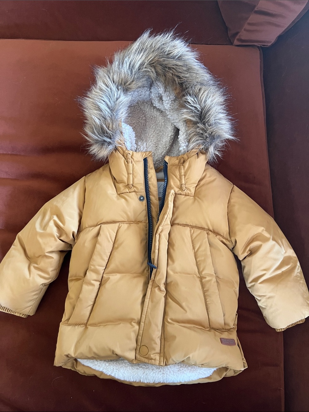 Zara Mustard Yellow Puffer Jacket with Faux Fur Hood - Kids